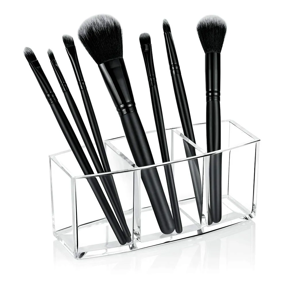 Hekyip Cosmetic case Clear Makeup Brush Holder, 3 Slot Acrylic Cosmetic Brushes Storage, Eyeliners Eyebrow Pencil Display Case