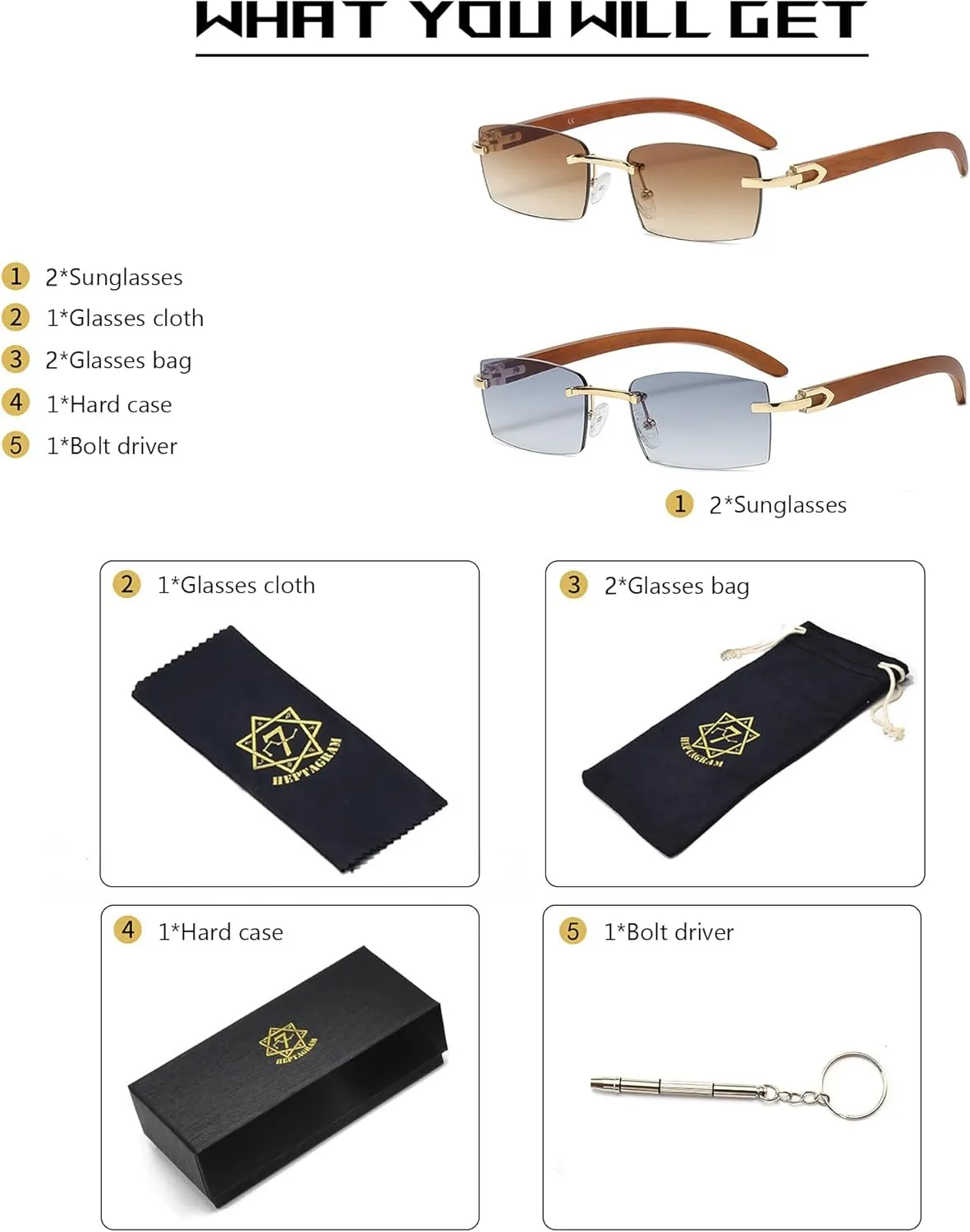 Heptagram Rectangle Fashion Rimless Sunglasses for Women Men Gangster 90s Frameless Shades Retro Vintage Trendy Eyewear