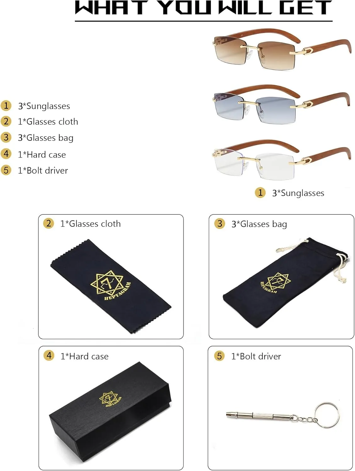 Heptagram Rectangle Fashion Rimless Sunglasses for Women Men Gangster 90s Frameless Shades Retro Vintage Trendy Eyewear