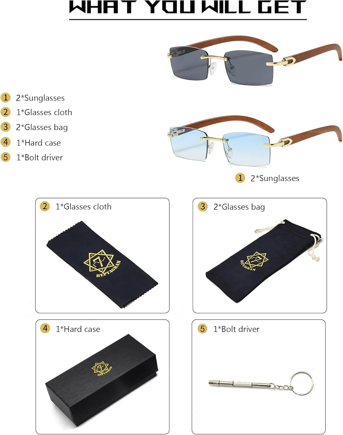Heptagram Rectangle Fashion Rimless Sunglasses for Women Men Gangster 90s Frameless Shades Retro Vintage Trendy Eyewear