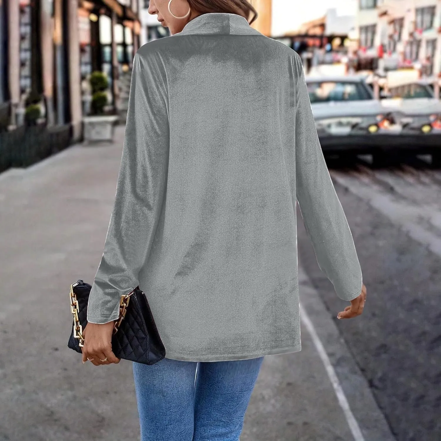 HGps8w Velvet Blazers for Women Vintage Suit Jackets Elegant Open Front Long Sleeve Loose Outerwear with Pockets