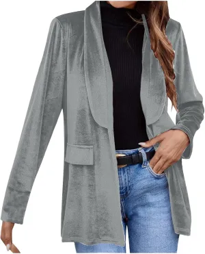 HGps8w Velvet Blazers for Women Vintage Suit Jackets Elegant Open Front Long Sleeve Loose Outerwear with Pockets