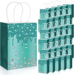 HHUIYUN 30 Pcs Teal Party Favor Gift Bags with Handle, Teal Glitter Paper Bag for Party Supplies, Party Decorations for Thank You Gift Bags, Turquoise Decorations Birthday Retirement Bachelorette