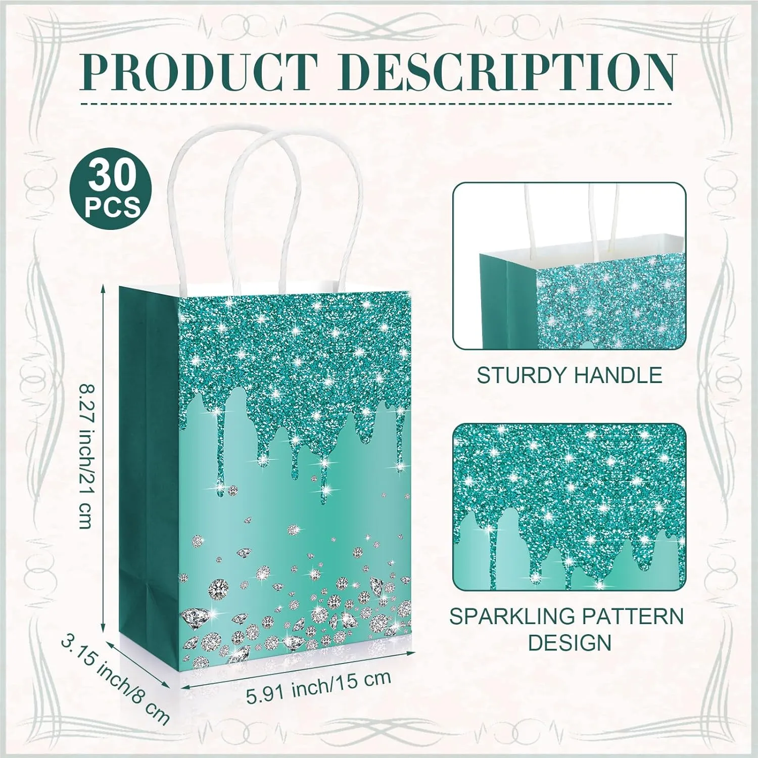 HHUIYUN 30 Pcs Teal Party Favor Gift Bags with Handle, Teal Glitter Paper Bag for Party Supplies, Party Decorations for Thank You Gift Bags, Turquoise Decorations Birthday Retirement Bachelorette