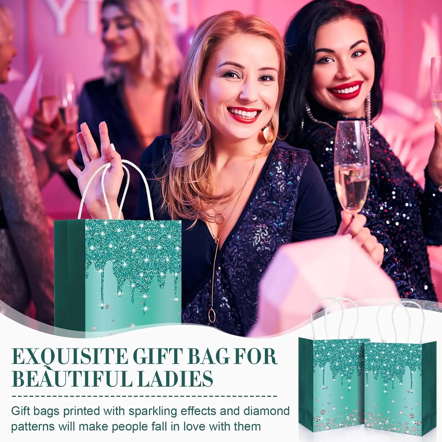 HHUIYUN 30 Pcs Teal Party Favor Gift Bags with Handle, Teal Glitter Paper Bag for Party Supplies, Party Decorations for Thank You Gift Bags, Turquoise Decorations Birthday Retirement Bachelorette