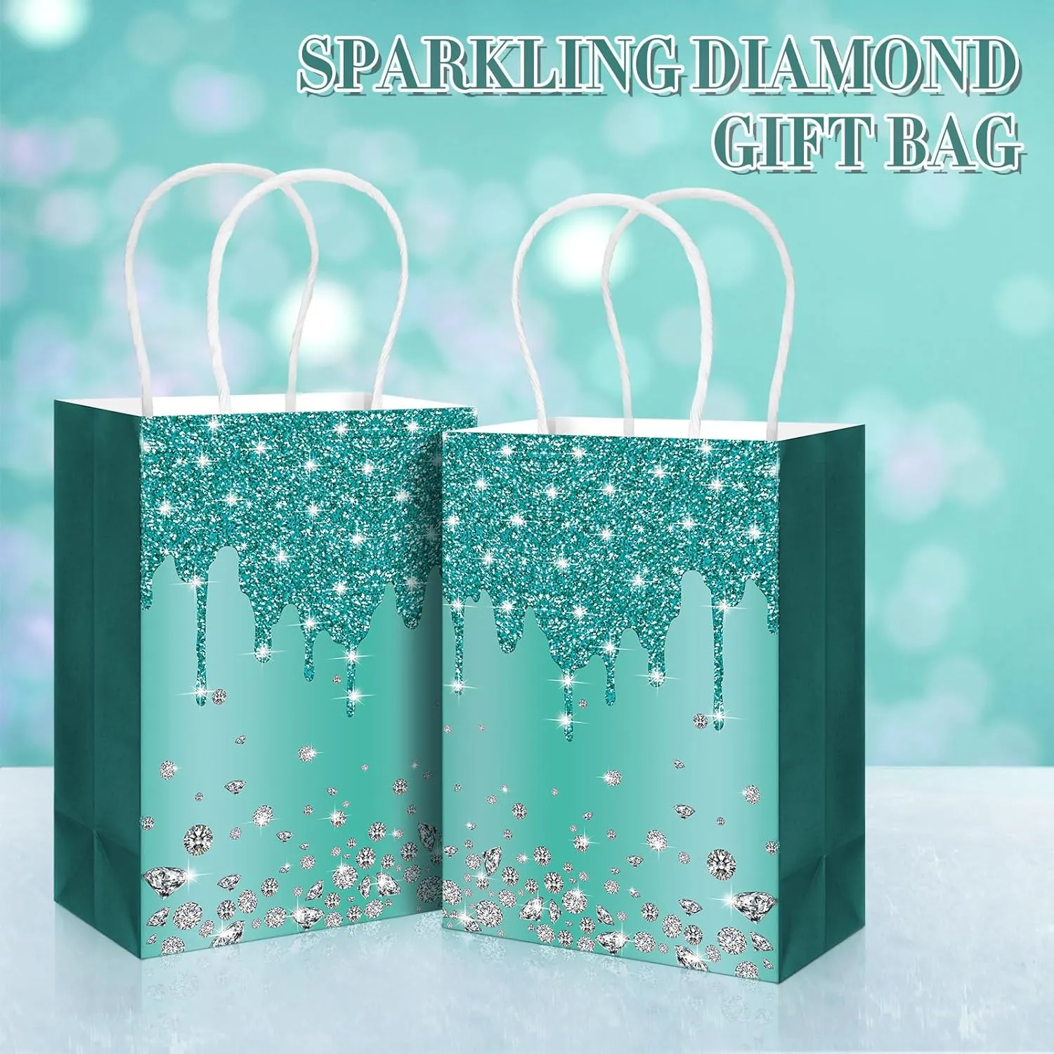 HHUIYUN 30 Pcs Teal Party Favor Gift Bags with Handle, Teal Glitter Paper Bag for Party Supplies, Party Decorations for Thank You Gift Bags, Turquoise Decorations Birthday Retirement Bachelorette