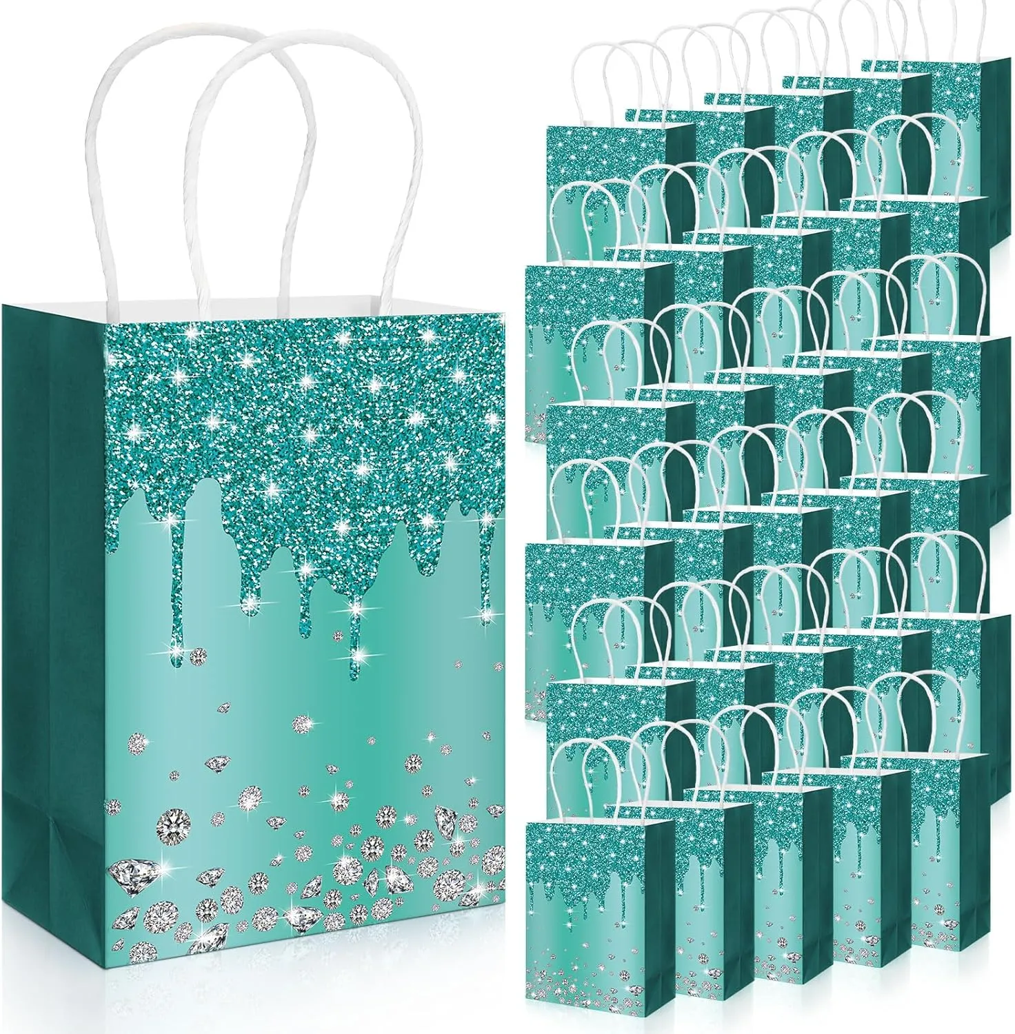 HHUIYUN 30 Pcs Teal Party Favor Gift Bags with Handle, Teal Glitter Paper Bag for Party Supplies, Party Decorations for Thank You Gift Bags, Turquoise Decorations Birthday Retirement Bachelorette