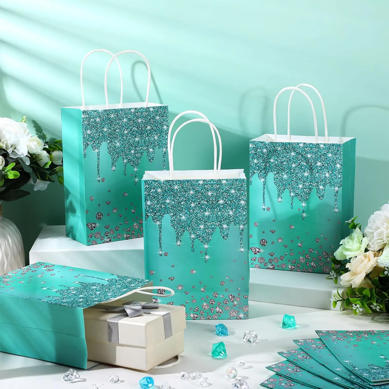 HHUIYUN 30 Pcs Teal Party Favor Gift Bags with Handle, Teal Glitter Paper Bag for Party Supplies, Party Decorations for Thank You Gift Bags, Turquoise Decorations Birthday Retirement Bachelorette