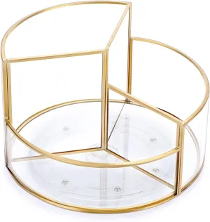 Hipiwe 360 Rotating Makeup Organizer 3-Slot Gold Glass Spinning Cosmetic Display Case Round Vanity Storage Holder Dresser Bathroom Organizer for Prefume Makeup Bushes Lipsticks