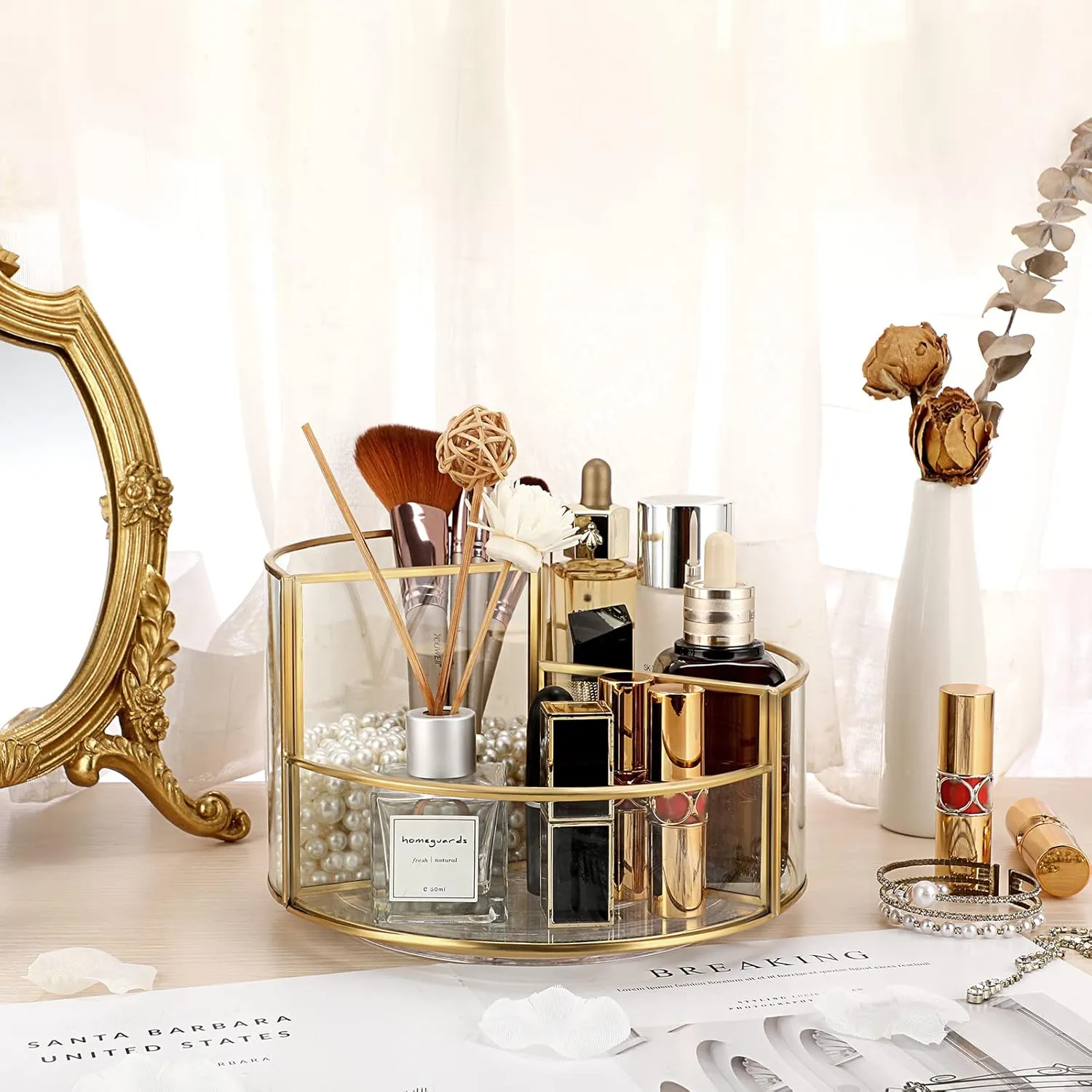 Hipiwe 360 Rotating Makeup Organizer 3-Slot Gold Glass Spinning Cosmetic Display Case Round Vanity Storage Holder Dresser Bathroom Organizer for Prefume Makeup Bushes Lipsticks