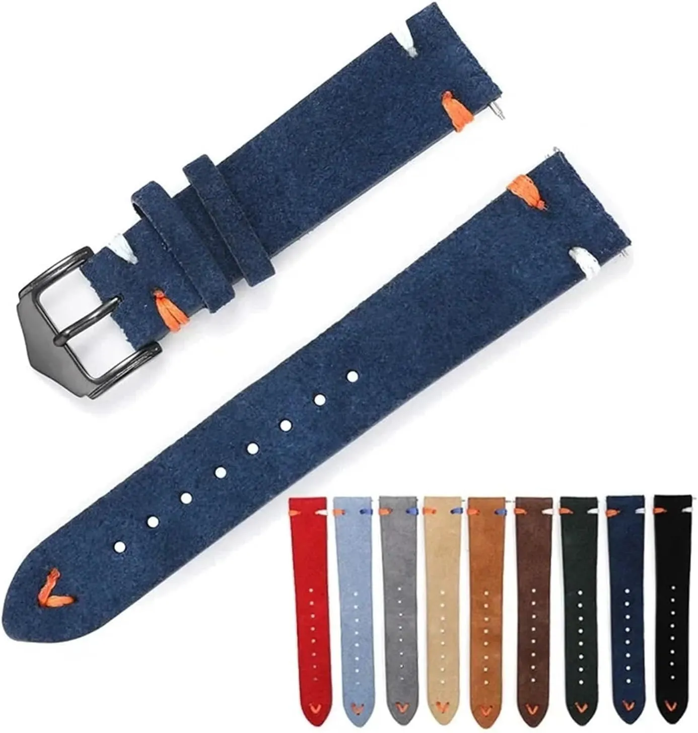 HMFang Watch Strap 20mm 22mm Suede Genuine Leather Watch Band Matte Cowhide Stitching Belt Quick Release Wrist Bracelet