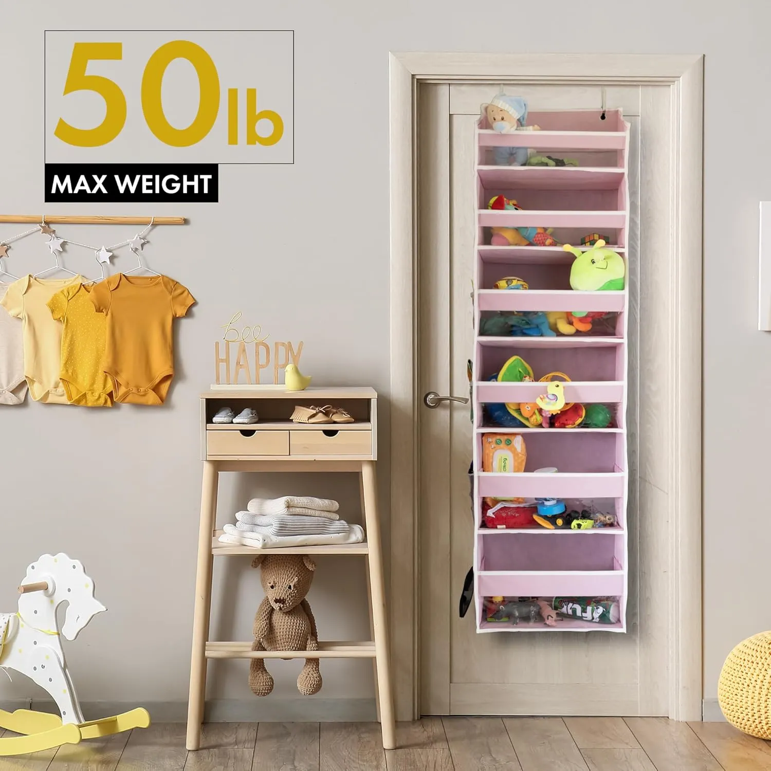 HOMELUX THEORY 1 PC Heavy Duty Over the Door Organizer 55x14x6.7, 6 Large Front & 12 Side Pockets, Hanging Storage Closet Door Organizer for Bedroom, Bathroom and Baby Nursery Storage (Baby Pink)