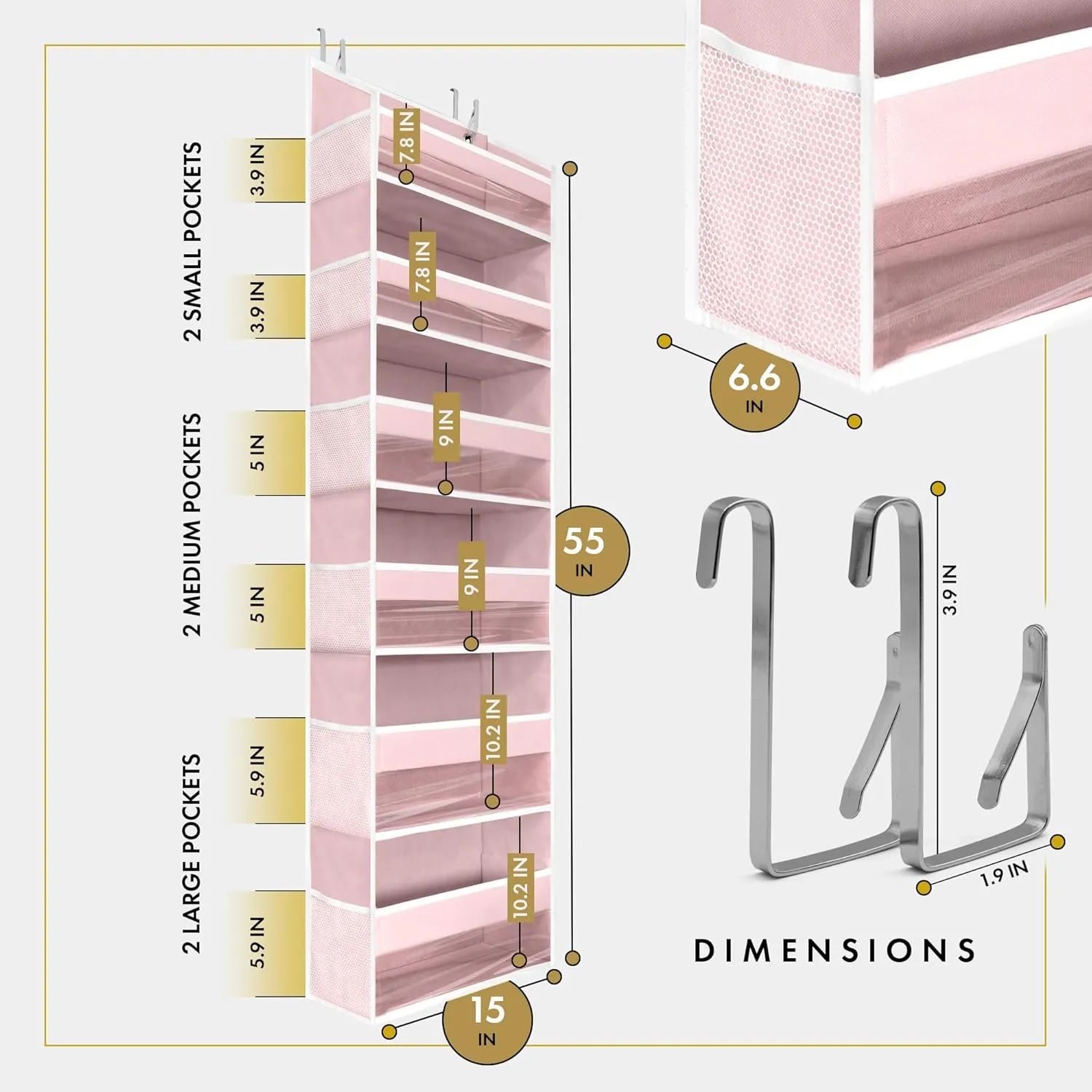 HOMELUX THEORY 1 PC Heavy Duty Over the Door Organizer 55x14x6.7, 6 Large Front & 12 Side Pockets, Hanging Storage Closet Door Organizer for Bedroom, Bathroom and Baby Nursery Storage (Baby Pink)