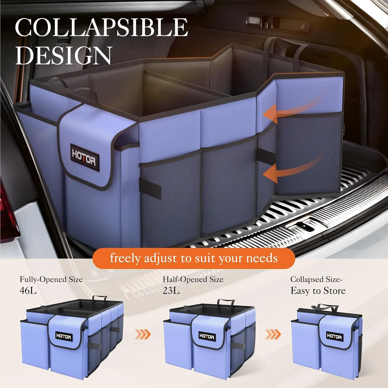 HOTOR Large-Capacity Trunk Organizer - Foldable for SUVs & Sedans, Sturdy Organization for Car Accessories, Tools, Sundries, Blue, 2 Compartments, US11032