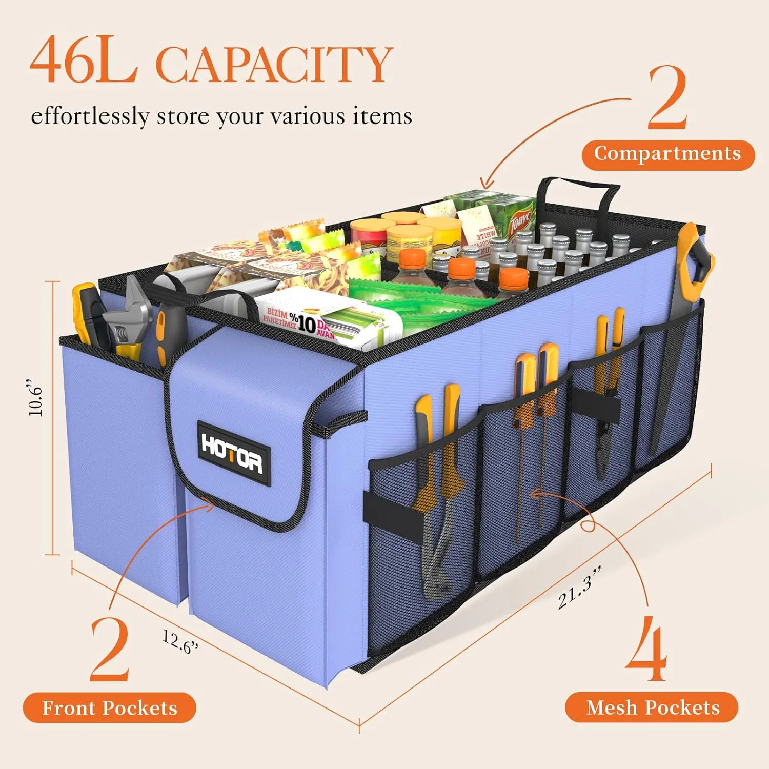 HOTOR Large-Capacity Trunk Organizer - Foldable for SUVs & Sedans, Sturdy Organization for Car Accessories, Tools, Sundries, Blue, 2 Compartments, US11032