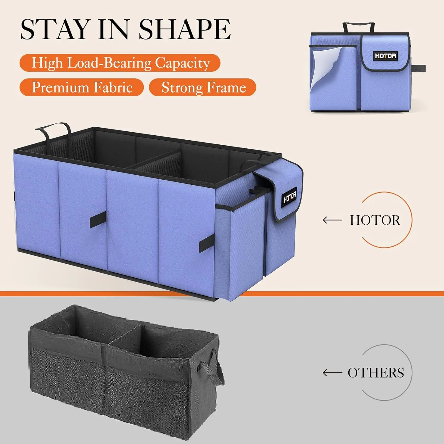 HOTOR Large-Capacity Trunk Organizer - Foldable for SUVs & Sedans, Sturdy Organization for Car Accessories, Tools, Sundries, Blue, 2 Compartments, US11032