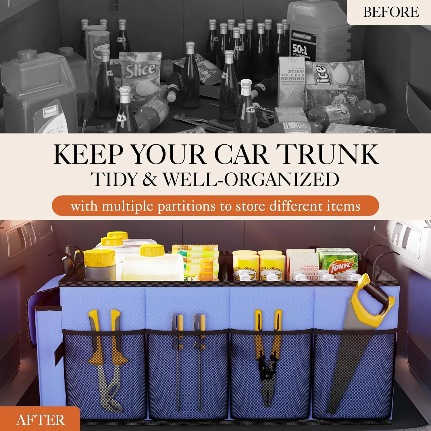 HOTOR Large-Capacity Trunk Organizer - Foldable for SUVs & Sedans, Sturdy Organization for Car Accessories, Tools, Sundries, Blue, 2 Compartments, US11032