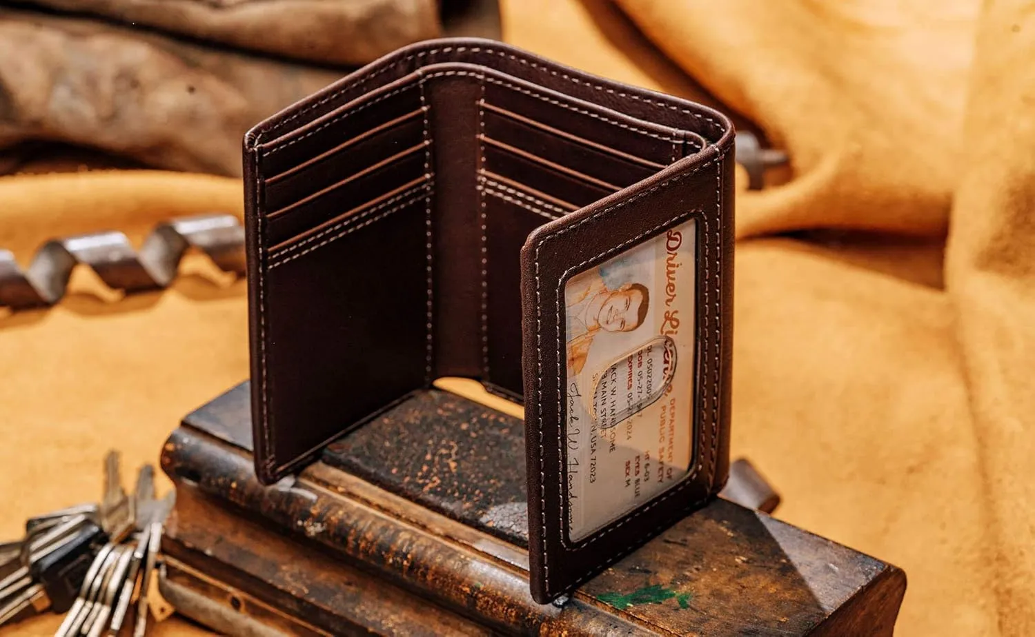 House of Jack Co. Dutton Trifold Wallet for Men with Flip Out ID, RFID Blocking, Full Grain Cowhide Leather Wallet, Brown