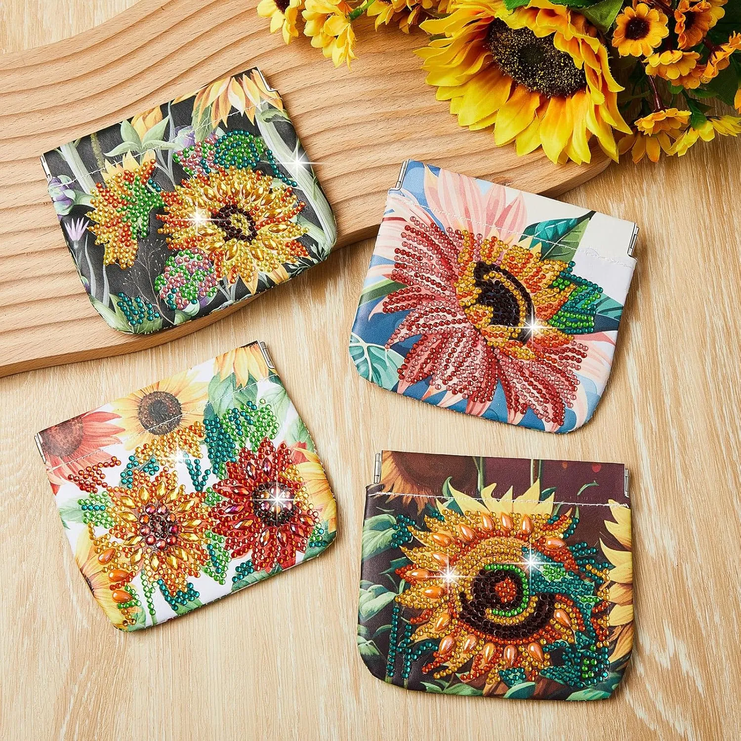 Hsei 4 Pcs Diamond Painting Coin Purse Pouch Leather DIY Rhinestone Paint Handmade Clutch Change Holder Change Purse Diamond Painting Bags for Adults Women Art Craft Makeup (Sunflower)