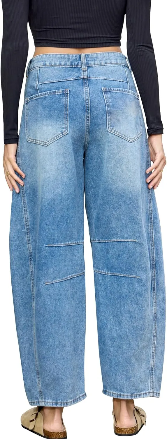 HUNGSON Women's Barrel Jeans Wide Leg Mid Rise Loose Y2k Baggy Boyfriend Jeans(Runs Small, Order Two Size Up