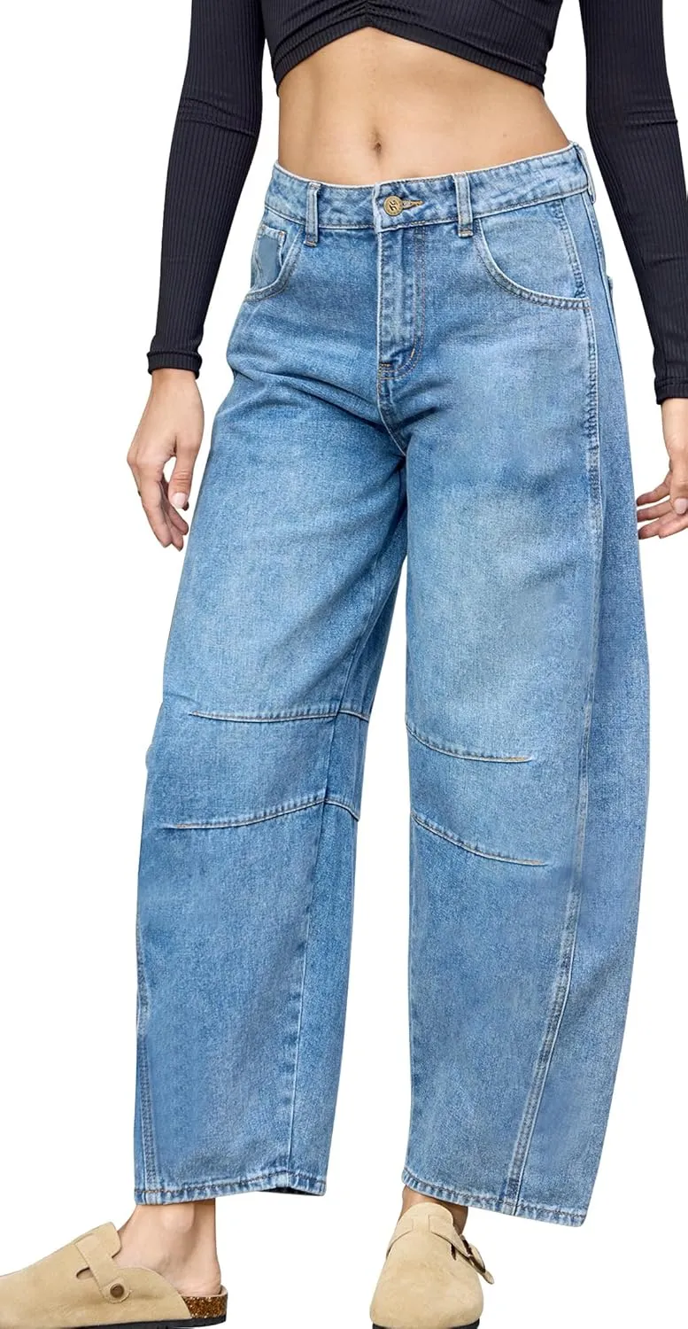 HUNGSON Women's Barrel Jeans Wide Leg Mid Rise Loose Y2k Baggy Boyfriend Jeans(Runs Small, Order Two Size Up