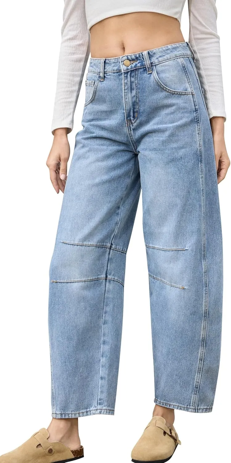HUNGSON Women's Barrel Jeans Wide Leg Mid Rise Loose Y2k Baggy Boyfriend Jeans(Runs Small, Order Two Size Up