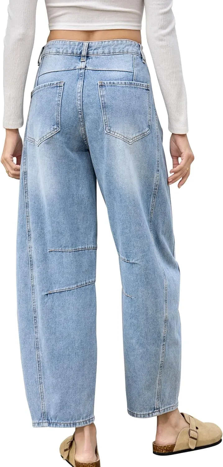 HUNGSON Women's Barrel Jeans Wide Leg Mid Rise Loose Y2k Baggy Boyfriend Jeans(Runs Small, Order Two Size Up