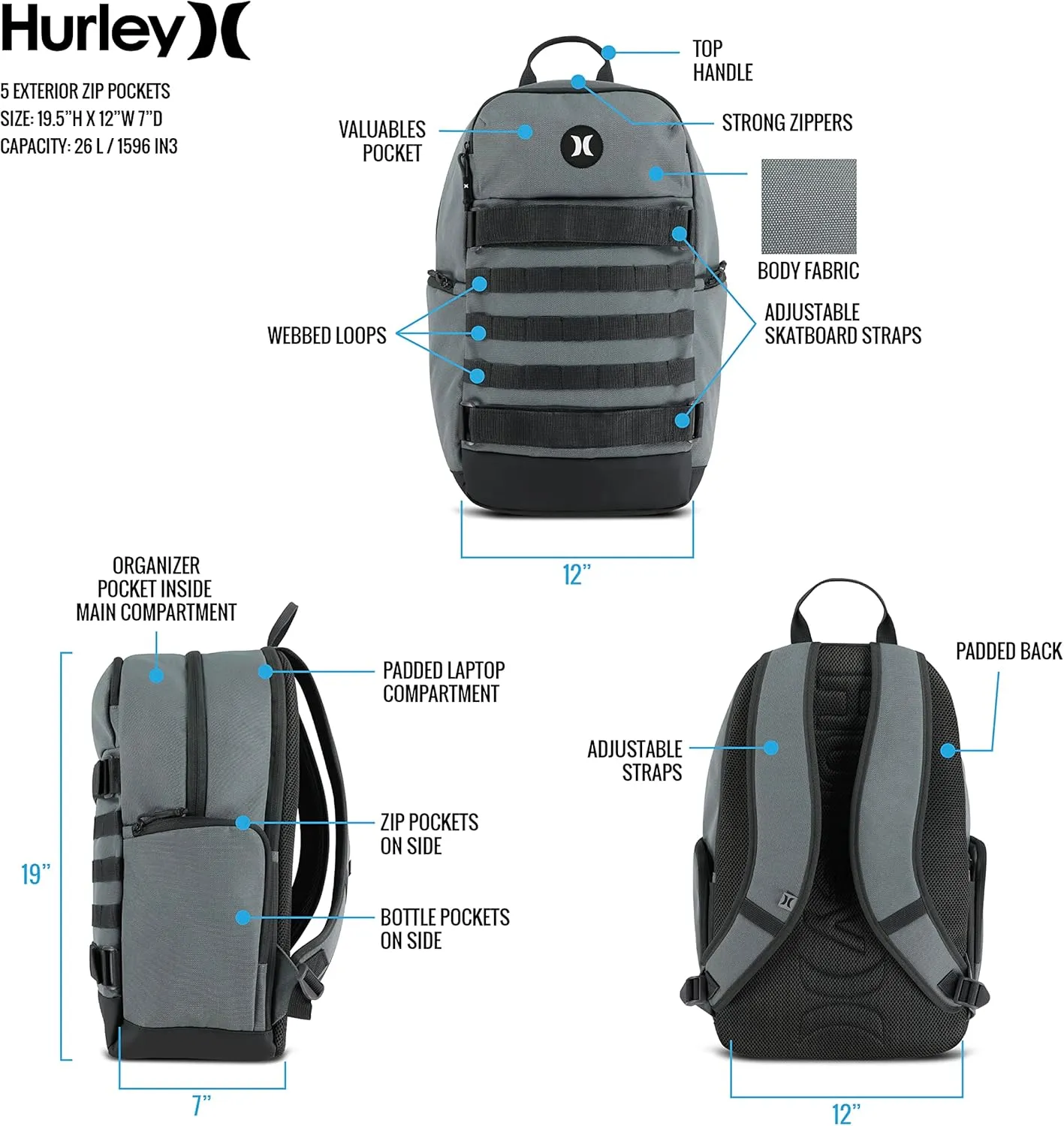 Hurley Mens Skateboard Backpack, Khaki, One Size