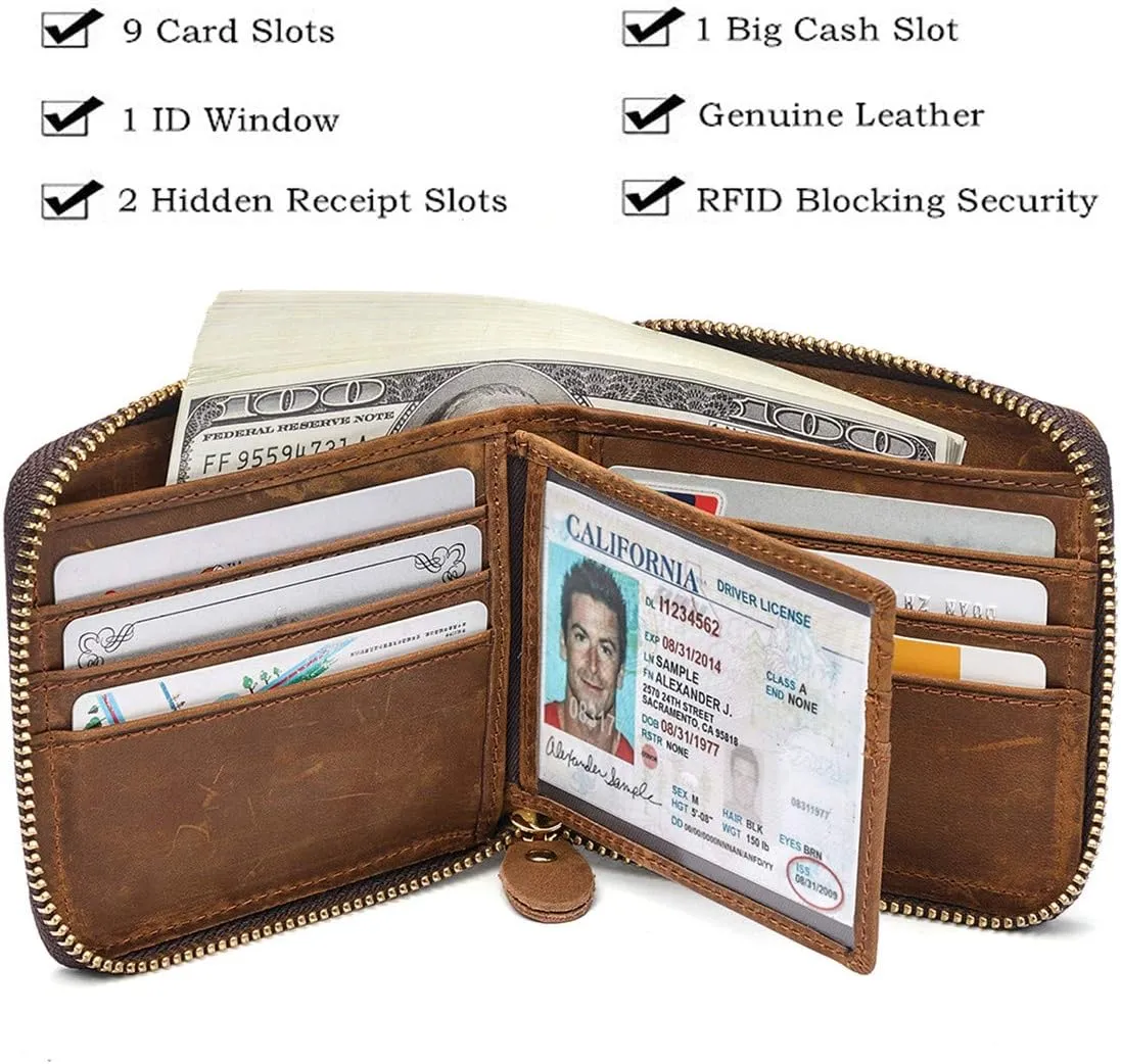 Huztencor Zipper Wallet Men RFID Blocking Leather Bifold Credit Card Wallets (FBA)