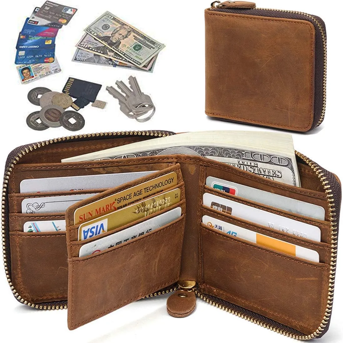 Huztencor Zipper Wallet Men RFID Blocking Leather Bifold Credit Card Wallets (FBA)
