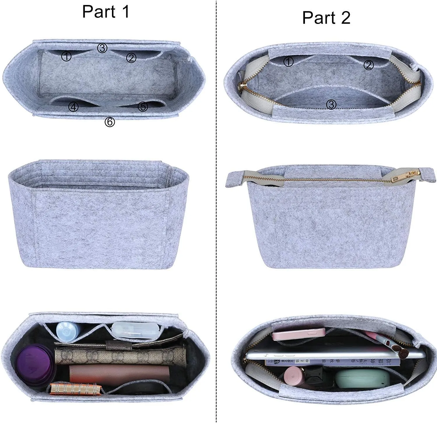 HyFanStr Felt Insert Bag Organizer with Zipper, Small Handbag Purse Organizer Tote Liner Pouch for Women, 2 Piece Set …