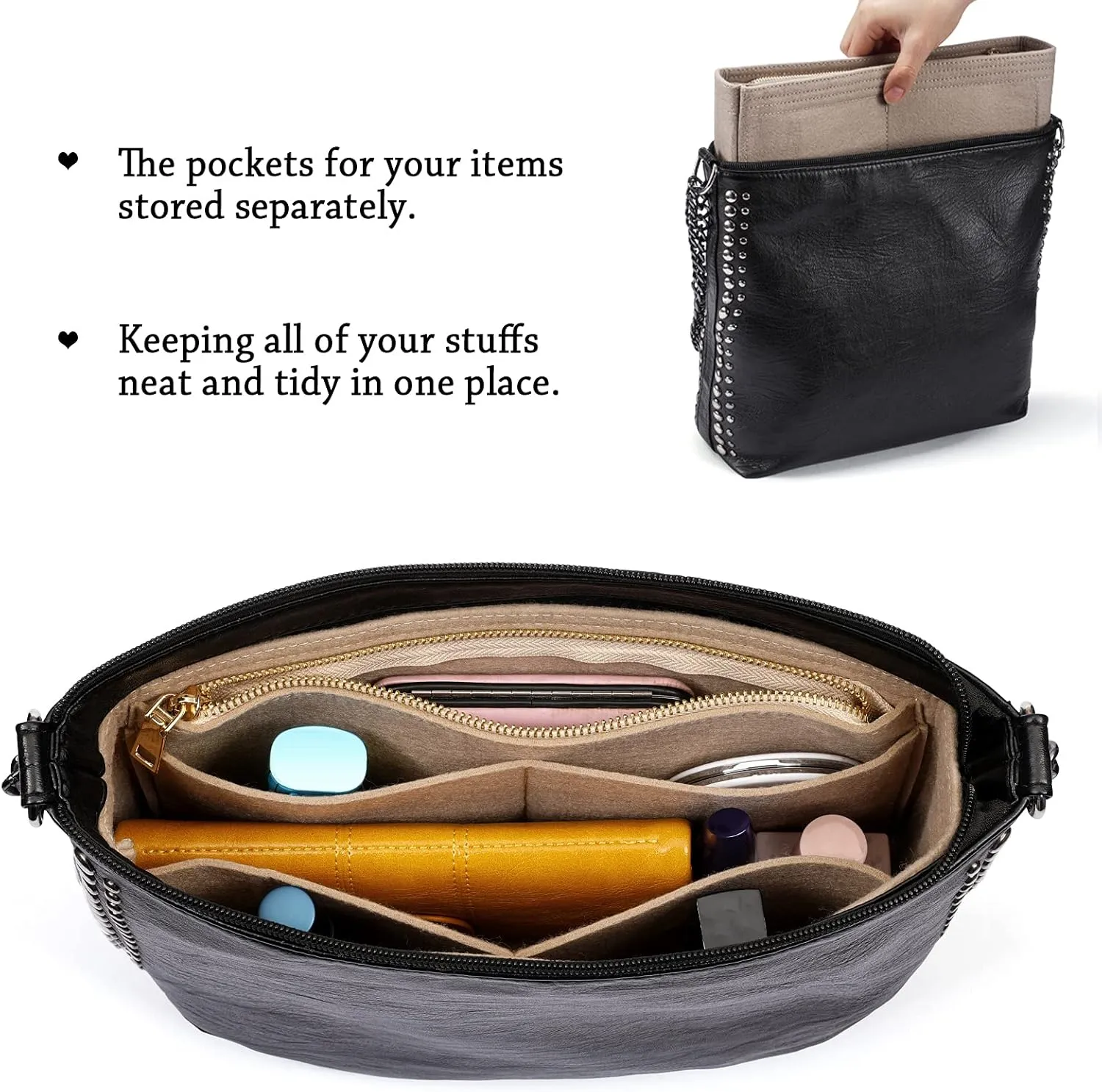 HyFanStr Small Purse Organizer with Zipper, Felt Insert Bag Organizer Handbag Tote Liner Pouch for Women