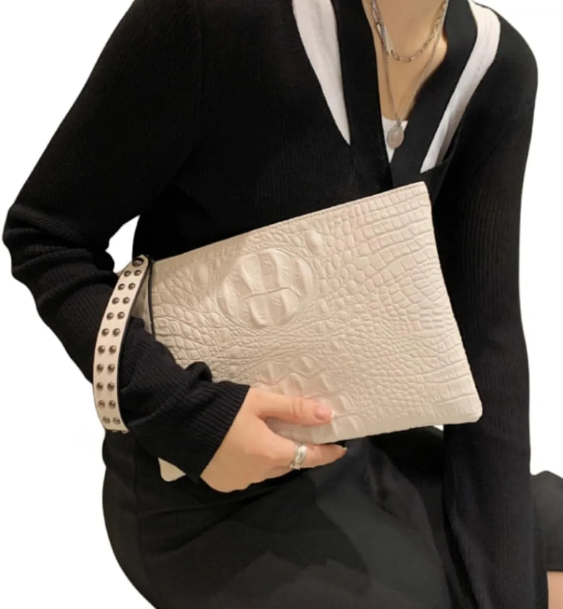 IAMUHI Women Faux Leather Crocodile Envelope Clutch Bag Wristlet Zipper Evening Handbag Wallet Purse
