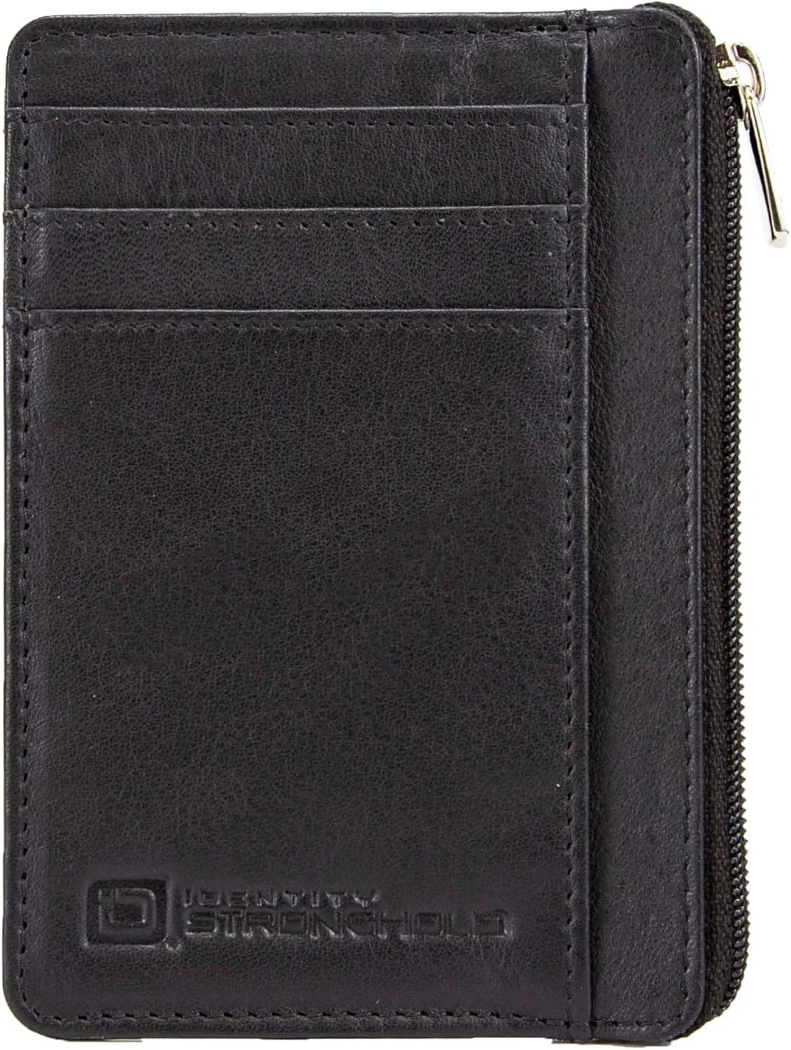 ID STRONGHOLD RFID Front Pocket Wallet Mini Minimalist Wallet Slim Wallet Genuine Leather with Zipper , Black , Small