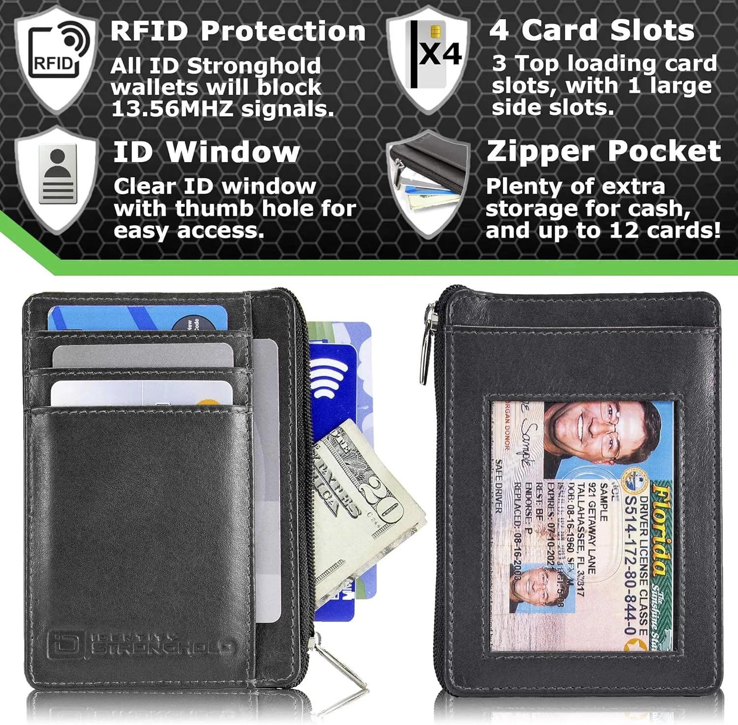 ID STRONGHOLD RFID Front Pocket Wallet Mini Minimalist Wallet Slim Wallet Genuine Leather with Zipper , Black , Small