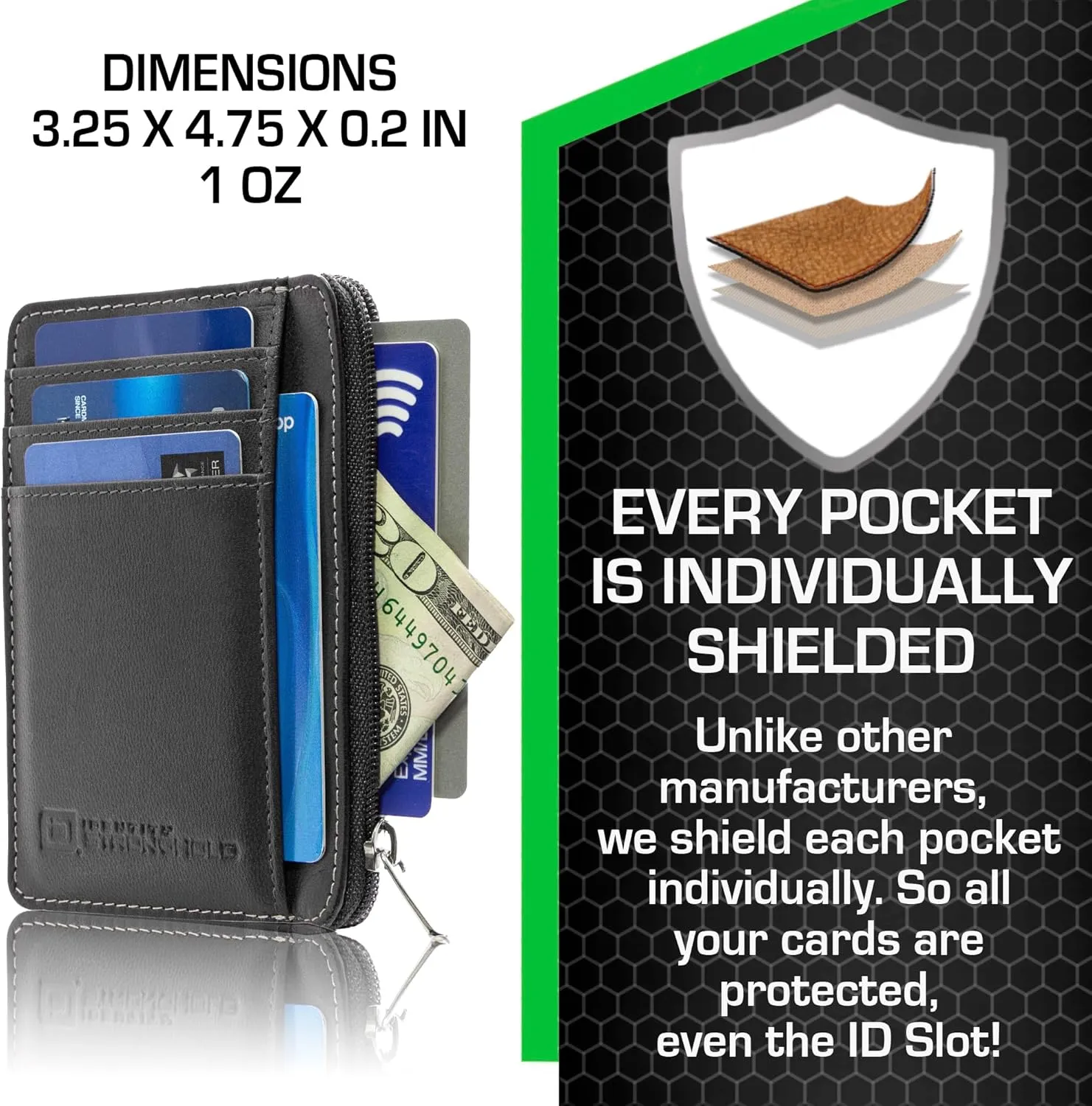 ID STRONGHOLD RFID Front Pocket Wallet Mini Minimalist Wallet Slim Wallet Genuine Leather with Zipper , Black , Small
