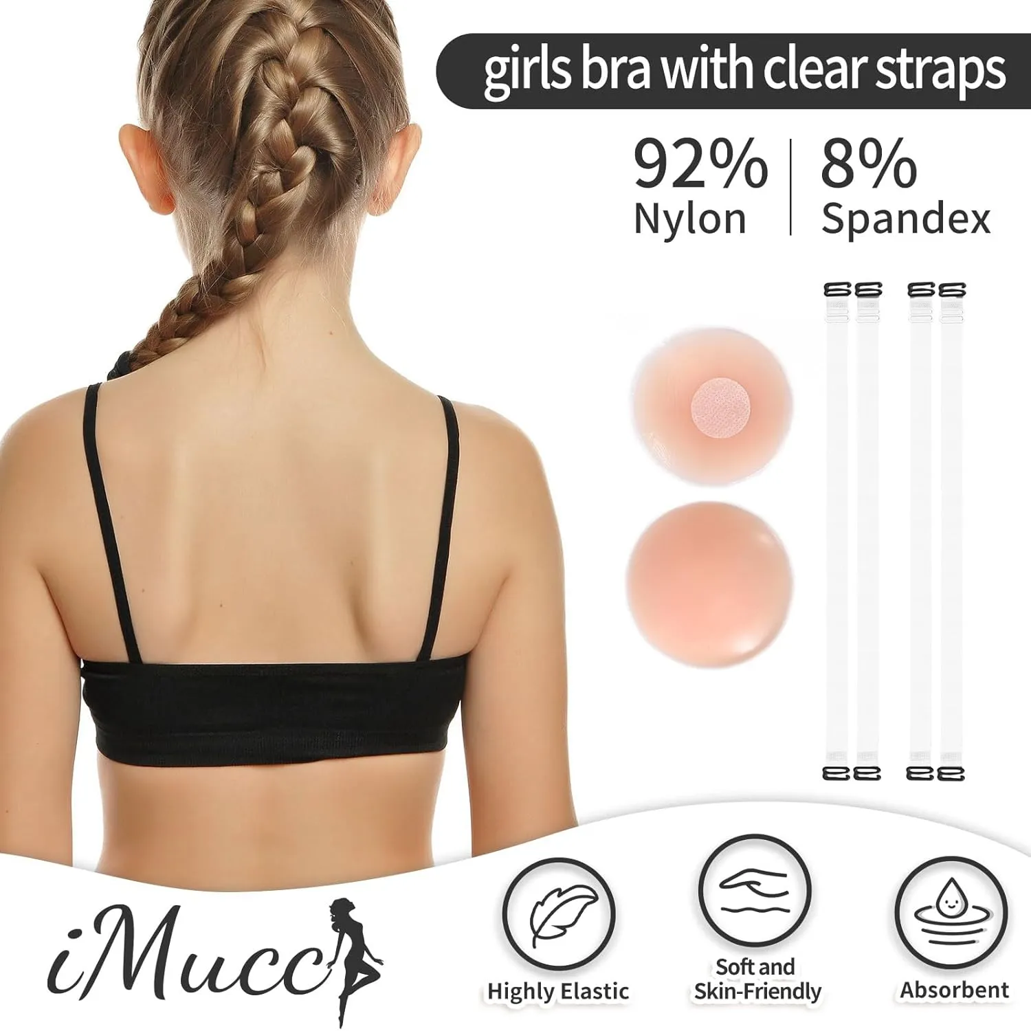 iMucci Girl Dance Bra Seamless Girls Nude Bra with 2 Pair Adjustable Replace Clear Straps Silicone Pads