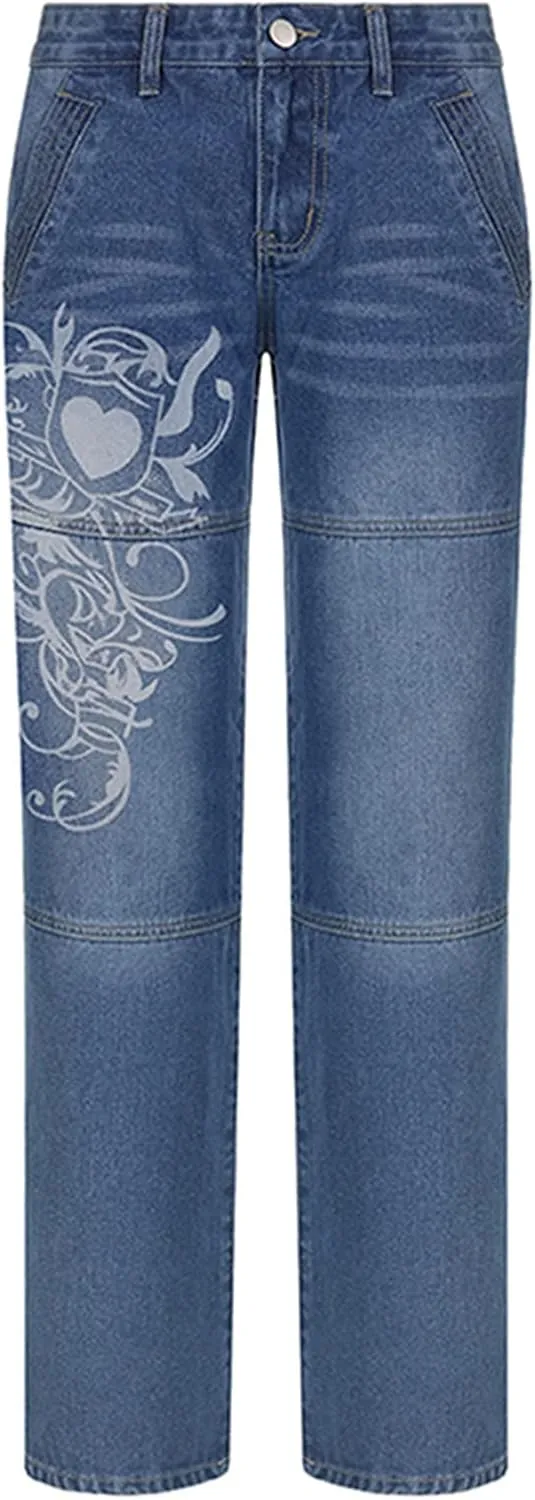 Indie Aesthetics Jeans for Women Gothic Punk Wide Leg Long Length Denim Pants Y2k Loose Casual Jeans Streetwear