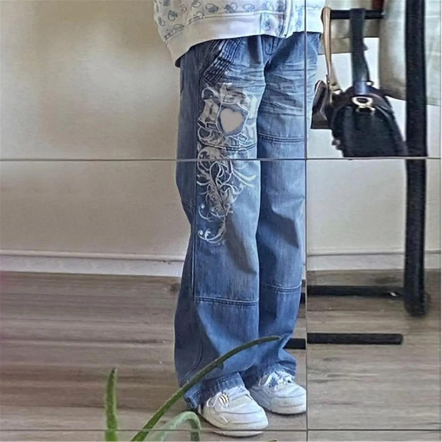 Indie Aesthetics Jeans for Women Gothic Punk Wide Leg Long Length Denim Pants Y2k Loose Casual Jeans Streetwear