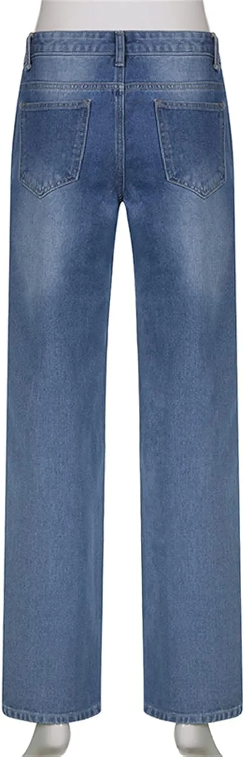 Indie Aesthetics Jeans for Women Gothic Punk Wide Leg Long Length Denim Pants Y2k Loose Casual Jeans Streetwear