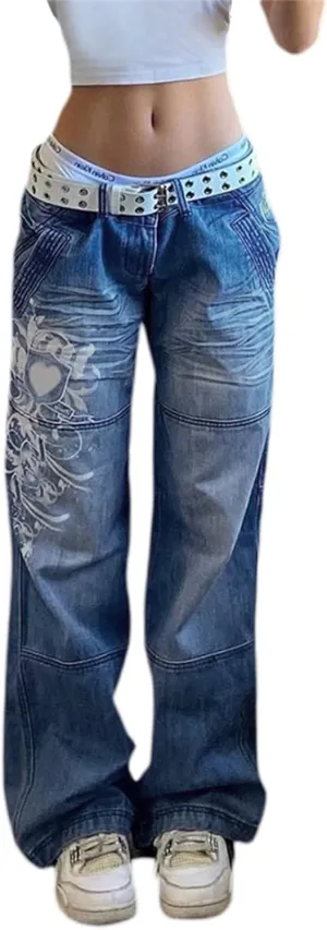 Indie Aesthetics Jeans for Women Gothic Punk Wide Leg Long Length Denim Pants Y2k Loose Casual Jeans Streetwear