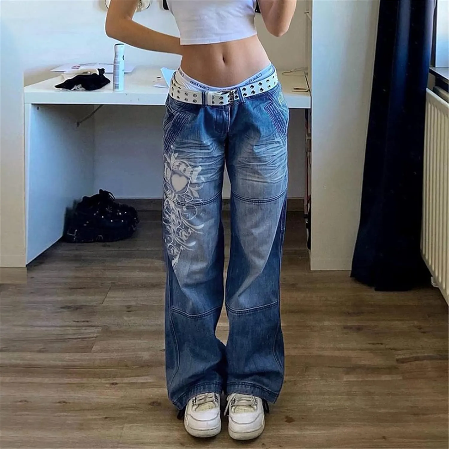 Indie Aesthetics Jeans for Women Gothic Punk Wide Leg Long Length Denim Pants Y2k Loose Casual Jeans Streetwear