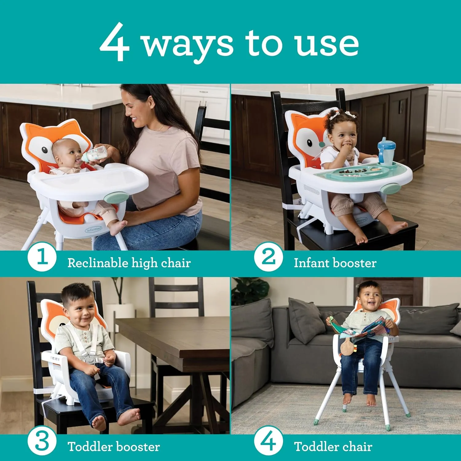 Infantino Grow-with-Me 4-in-1 Convertible High Chair, Fox-Theme, Space-Saving Design, Booster and Toddler Chair for Infants & Toddlers 3M-36M