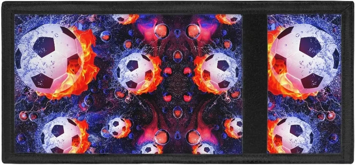 INSTANTARTS Soccer Ball Wallets for Boys Flame Ice Football Print Outdoor Sports Wallet Trifold Slim Thin Design Card Purse Money Organizer