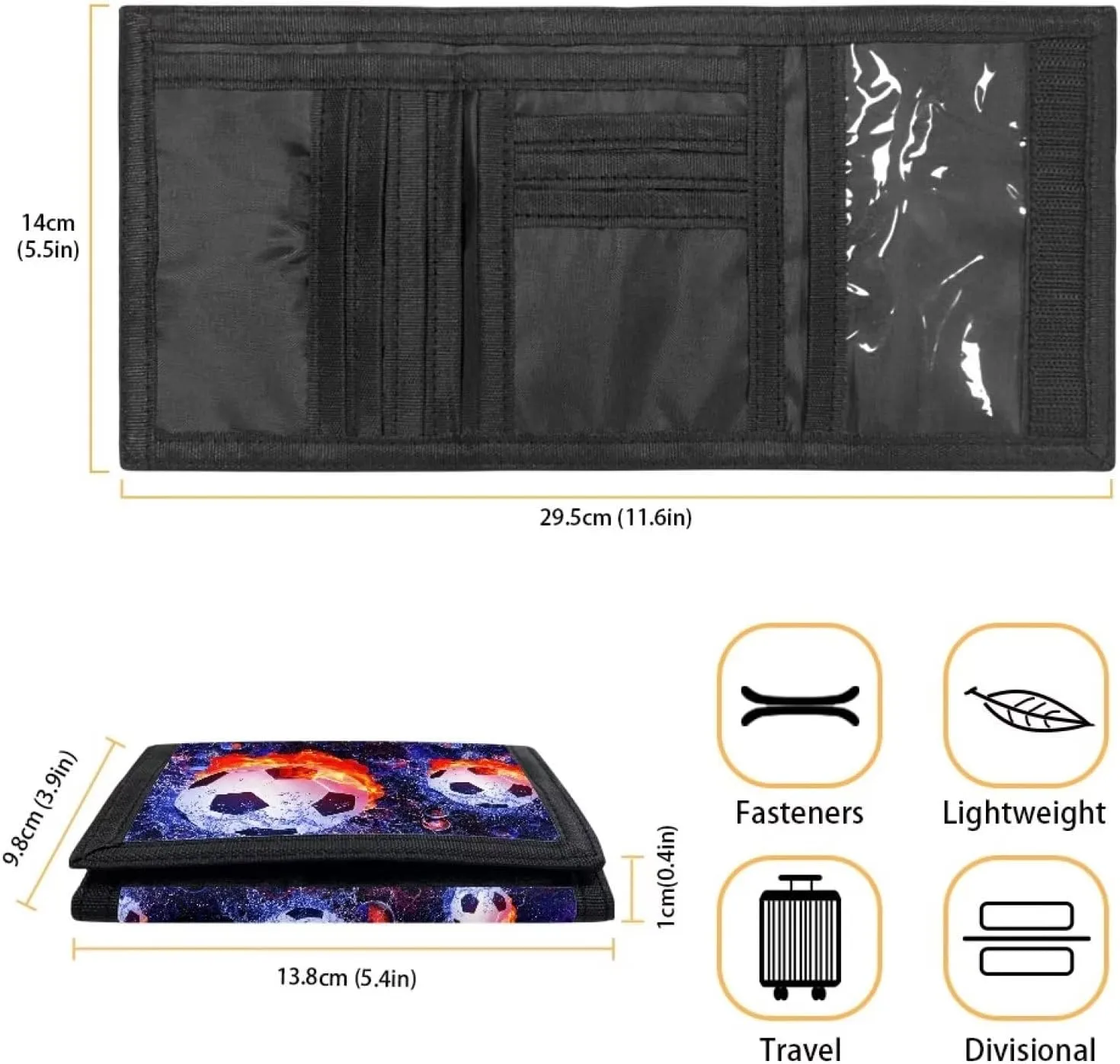 INSTANTARTS Soccer Ball Wallets for Boys Flame Ice Football Print Outdoor Sports Wallet Trifold Slim Thin Design Card Purse Money Organizer