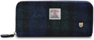 Islander HarrisTweed & PU Leather women’s long zip purse, Blackwatch Tartan, Carry Cash & card, Scottish Style