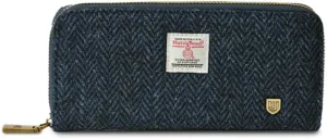 Islander HarrisTweed & PU Leather women’s long zip purse, Navy Herringbone, Carry Cash & card, Scottish Style