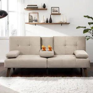 JAMFLY Futon Couch Sofa Bed Convertible, Small Sleeper Sofa Chair Loveseat with Cup Holder for Small Spaces, Living Room, Bedroom, Gameroom, Apartment, Dorm (Beige)