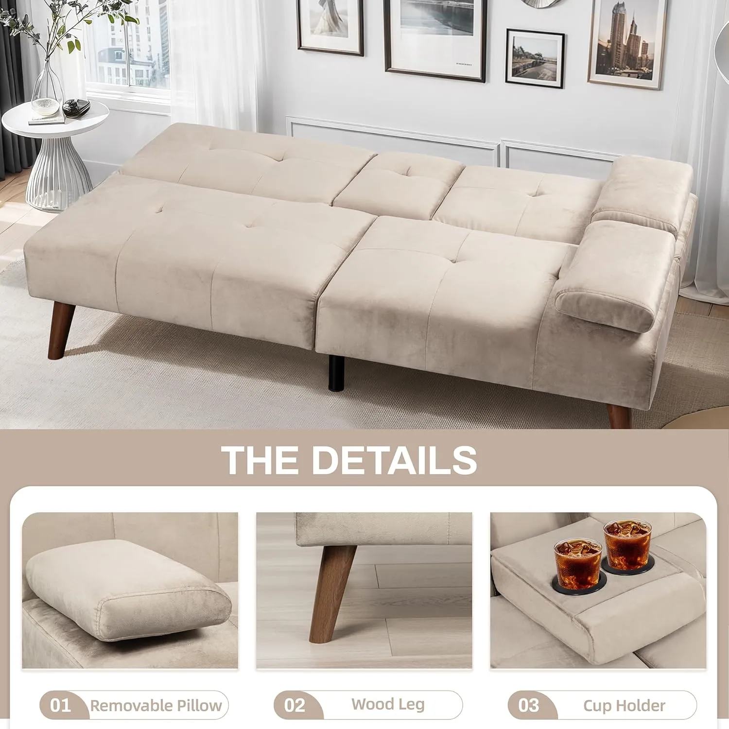 JAMFLY Futon Couch Sofa Bed Convertible, Small Sleeper Sofa Chair Loveseat with Cup Holder for Small Spaces, Living Room, Bedroom, Gameroom, Apartment, Dorm (Beige)