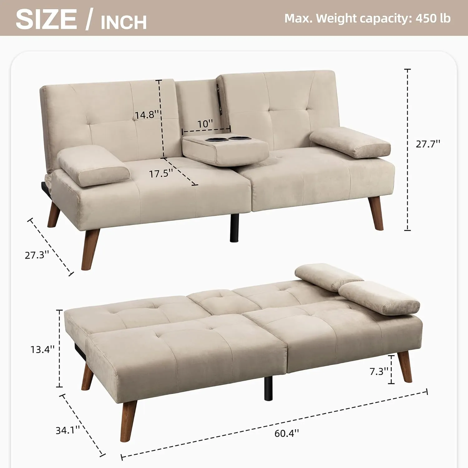 JAMFLY Futon Couch Sofa Bed Convertible, Small Sleeper Sofa Chair Loveseat with Cup Holder for Small Spaces, Living Room, Bedroom, Gameroom, Apartment, Dorm (Beige)